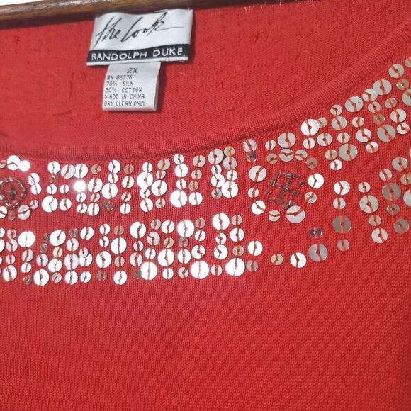 Randolph Duke The Look Silk Blend Top Shirt 2X Red Silver Sequin Neckline Womens - Picture 2 of 7